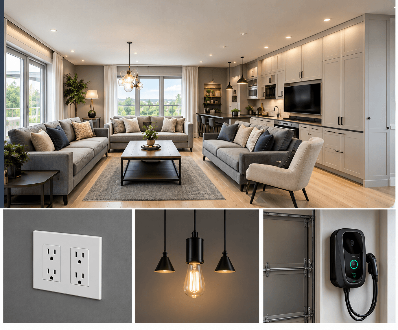 Salon et cuisine résidentiels avec prise murale, luminaire suspendu et borne de recharge