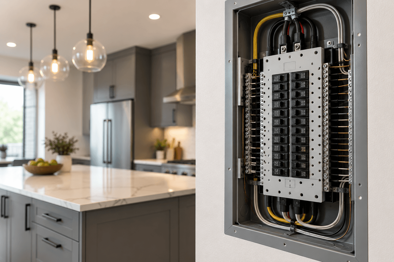 Panneau électrique résidentiel et cuisine rénovée